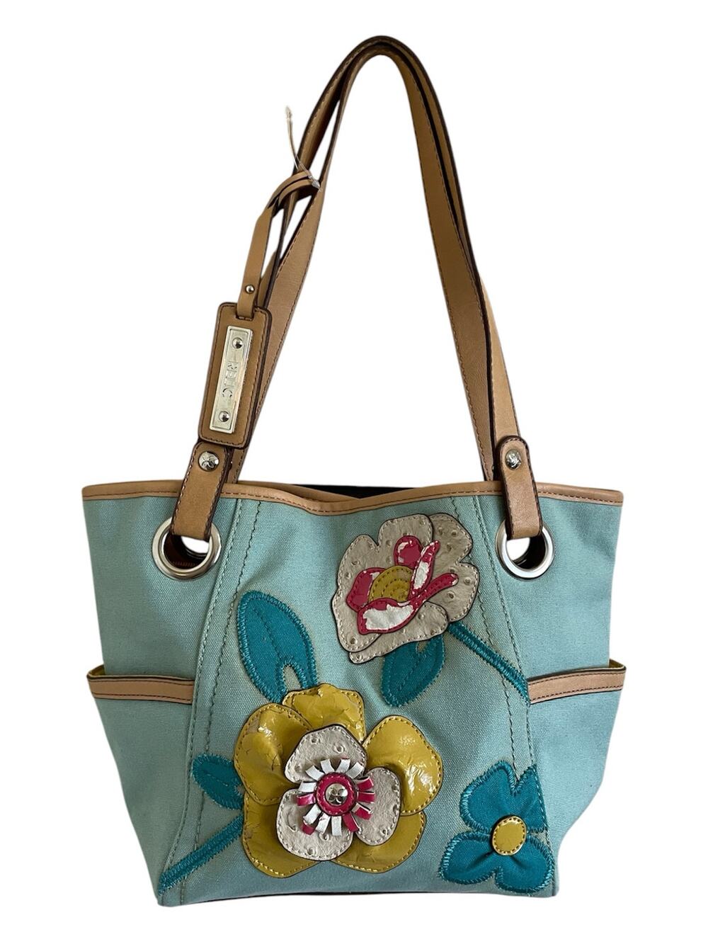 Vintage Relic Blue Floral Canvas Tote Bag Y2K Boho Shoulder Purse Leather Trim